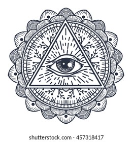 Vintage All Seeing Eye in Triangle and Mandala. Providence magic symbol for print, tattoo, coloring book,fabric, t-shirt, cloth in boho style. Astrology, occult, tribal, esoteric, alchemy sign. Vector
