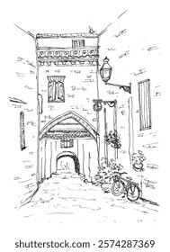 Vintage Alleyway with Arch, Bicycle, and Lamp, Simple Hand Draw Sketch