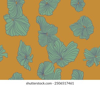 Vintage Aloha seamless floral brush line art background pattern, tropical colorful blossom in yellow and green, illustration for textile and wrapping paper