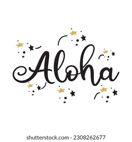 Vintage Aloha text, emblem and logo isolated on white. Hand drawn Aloha Hawaiian word for hawaii shirt print or sign. Lettering for tropical or summer party invitation, flyer and poster design.