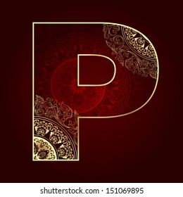 Vintage alphabet with floral swirls, letter P. Vector illustration  