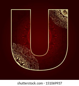 Vintage alphabet with floral swirls, letter U. Vector illustration  