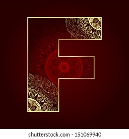 Vintage alphabet with floral swirls, letter F. Vector illustration  