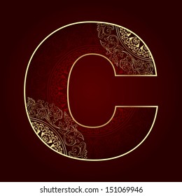 Vintage alphabet with floral swirls, letter C. Vector illustration  
