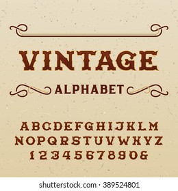 Vintage alphabet font. Type letters and numbers in western style  on the distressed background. Vector typeface for labels, headlines, posters etc.