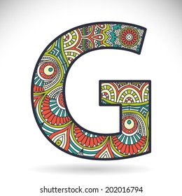 Vintage alphabet letter, colorful design, paganism ornament background. Vector illustration.
