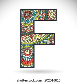 Vintage alphabet letter, colorful design, paganism ornament background. Vector illustration.