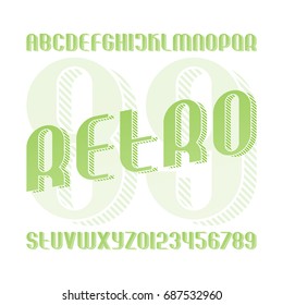 vintage alphabet letters and numbers with striped shadow. vector, isometric font type. retro, 3d effect typeface design. stylish, sans serif typesetting