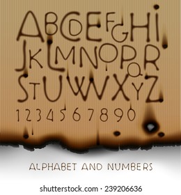 Vintage alphabet and numbers on burned out paper background, vector illustration. 