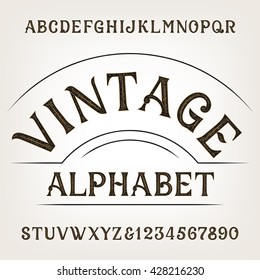 Vintage alphabet. Retro distressed vector font. Hand drawn letters and numbers.