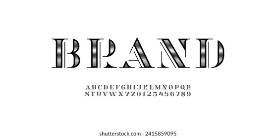 Letra vintage serif tipo de letra con rayas decorativas, letras retro perfectas para los logotipos, diseño retro y alcohol de etiqueta, letras mayúsculas de A - Z y números de 0 - 9, ilustración vectorial 10EPS