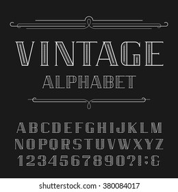 Vintage Alphabet Vector Font. Line type letters and numbers. Decorative typeface for labels, headlines, posters etc.