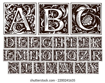 Vintage Alphabet, vector set of hand-drawn ornate initial alphabet letters on a light background. Luxury design of Beautiful royal font for card, invitation, monogram, label, logo