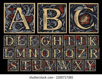 Vintage Alphabet, vector set of hand-drawn ornate initial alphabet letters on a light background. Luxury design of Beautiful royal font for card, invitation, monogram, label, logo