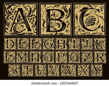 Vintage Alphabet, vector set of hand-drawn ornate initial alphabet letters on a light background. Luxury design of Beautiful royal font for card, invitation, monogram, label, logo