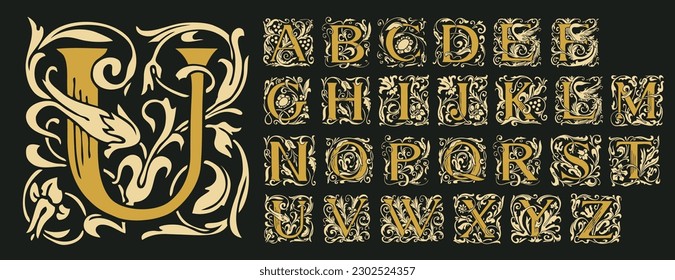 Vintage Alphabet, vector set of hand-drawn medieval, ornate initial alphabet letters. Luxury design of Beautiful royal font for card, invitation, monogram, label, logo