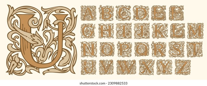 Vintage Alphabet, vector set of hand-drawn medieval, ornate initial alphabet letters. Luxury design of Beautiful royal font for card, invitation, monogram, label, logo