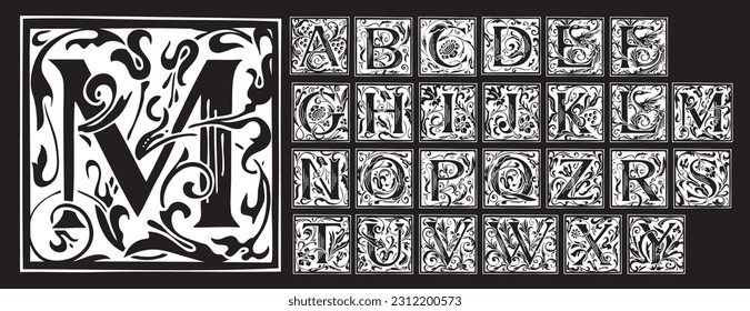 Vintage Alphabet, vector set of hand-drawn medieval, ornate initial alphabet letters. Luxury design of Beautiful royal font for card, invitation, monogram, label, logo