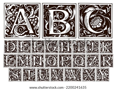 Vintage Alphabet, vector set of hand-drawn ornate initial alphabet letters on a light background. Luxury design of Beautiful royal font for card, invitation, monogram, label, logo