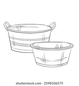 Vintage aluminum basins. Minimalist vector graphic seasonal illustration. Perfect for gardening, farming, rustic home decor. Ideal for countryside, eco-friendly themes, coloring, signs, summer design