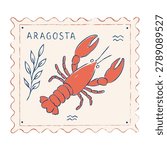 Vintage Amalfi Coast postage stamp featuring a lobster and Mediterranean seafood motifs in Italian coastal style