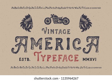 Vintage America Font. Hand Made Typeface. Custom Handwritten Alphabet. Original Letters And Numbers. Clean And Textured Versions Included. Vector.