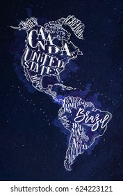 Vintage America map with country inscription united states, canada, mexico, brasil, peru, argentina drawing with chalk on blue background