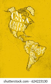 Vintage America Map With Country Inscription United States, Canada, Mexico, Brasil, Peru, Argentina Drawing On Yellow Background