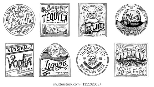 Vintage American badge. Absinthe Tequila Vodka Liqueur Rum Wine Strong whiskey Beer. Alcohol Label with calligraphic elements. Frame for poster banner. Hand drawn engraved lettering for t-shirt.