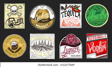 Vintage American badge. Absinthe Tequila Vodka Liqueur Rum Wine Strong whiskey Beer. Alcohol Label with calligraphic elements. Frame for poster banner. Hand drawn engraved lettering for t-shirt.