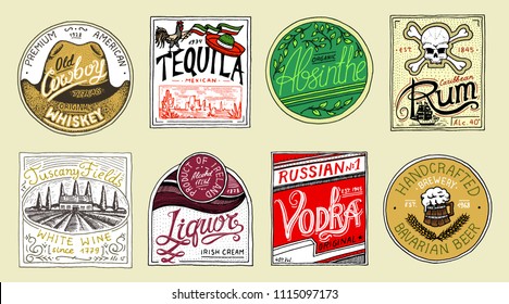 Vintage American badge. Absinthe Tequila Vodka Liqueur Rum Wine Strong whiskey Beer. Alcohol Label with calligraphic elements. Frame for poster banner. Hand drawn engraved lettering for t-shirt.