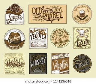 Vintage American badge. Absinthe Tequila Vodka Liqueur Rum Wine Strong whiskey Beer. Alcohol Label with calligraphic elements. Frame for poster banner. Hand drawn engraved lettering for t-shirt.