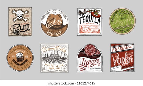 Vintage American badge. Absinthe Tequila Vodka Liqueur Rum Wine Strong whiskey Beer. Alcohol Label with calligraphic elements. Frame for poster banner. Hand drawn engraved lettering for t-shirt.
