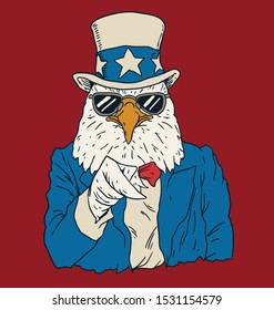 Vintage American bald eagle dressed as Uncle Sam.