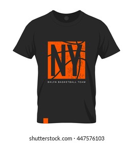 Vintage American basketball old grunge effect tee print vector design. Premium quality superior sport retro logo concept. New York t-shirt emblem mock-up.
