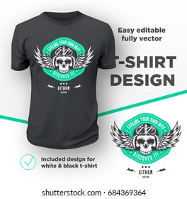 Vintage American bikers club print vector design isolated on black t-shirt mockup.