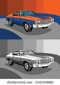 Vintage American Classic Muscle Cars Orange and Blue