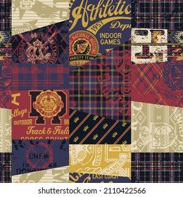 Vintage American College Athletic Elements Patchwork Grunge Vector Seamless Pattern With Plaid Tartan And Native Fabric Background