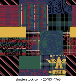 Vintage American college athletic symbol with tartan plaid patchwork vector seamless pattern