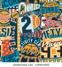 Vintage American College Sport Graphic Patchwork,  Abstract Vector Wallpaper Seamless Pattern