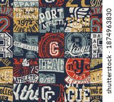 Vintage American college sporting badges patchwork vector seamless pattern