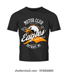 Vintage American eagle custom bike motor club tee print vector design isolated on black t-shirt. Detroit street wear t-shirt emblem. Premium quality wild bird superior logo concept illustration.