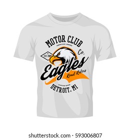 Vintage American eagle custom bike motor club tee print vector design isolated on white t-shirt. Detroit street wear t-shirt emblem. Premium quality wild bird superior logo concept illustration.