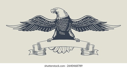 Vintage American Eagle Illustration Perched on Ribbon
