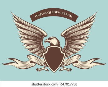 Vintage american eagle mascot vector icon. Eagle with shield, wings and ribbon
