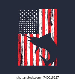 Vintage American Flag With Marlin Fish Silhouette Design Vector