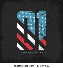 Vintage American flag old grunge effect tee print vector design. Premium quality superior sport number retro logo concept. New York street wear t-shirt emblem.