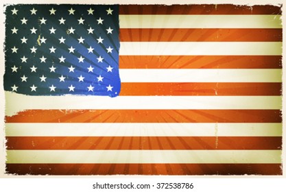 Vintage American Flag Poster Background/
Illustration of an american flag poster, with red stripes and stars, retro and vintage design, grunge textures for USA national holidays