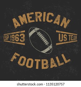 Vintage american football old grunge effect tee print vector design illustration. Premium quality superior retro car logo concept. T-shirt emblem, cloth branding or advertising.