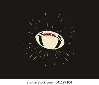 Vintage american football and rugby label, emblem and logo design with sunburst element. Hand drawn monochrome style with ball. Retro Usa sports colorful identity symbol. Vector illustration.